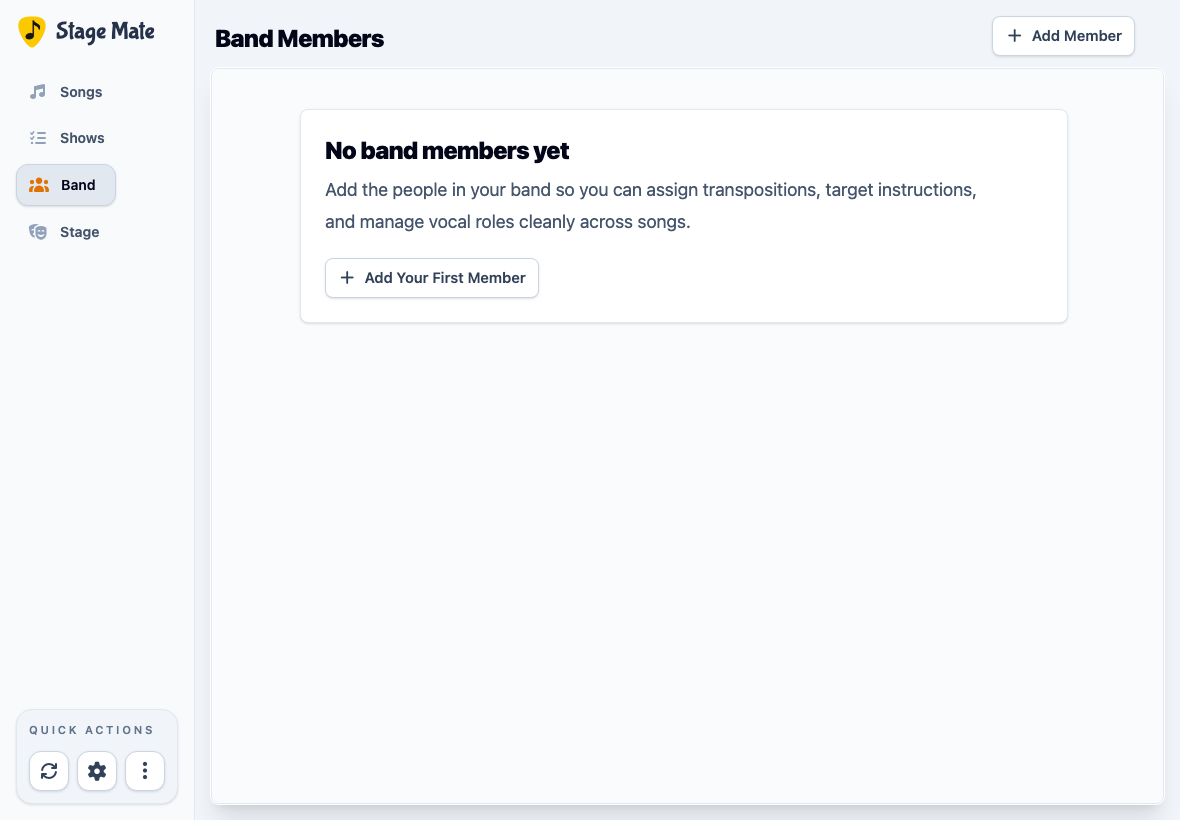 Empty Stage Mate Band Members page with an Add Your First Member button