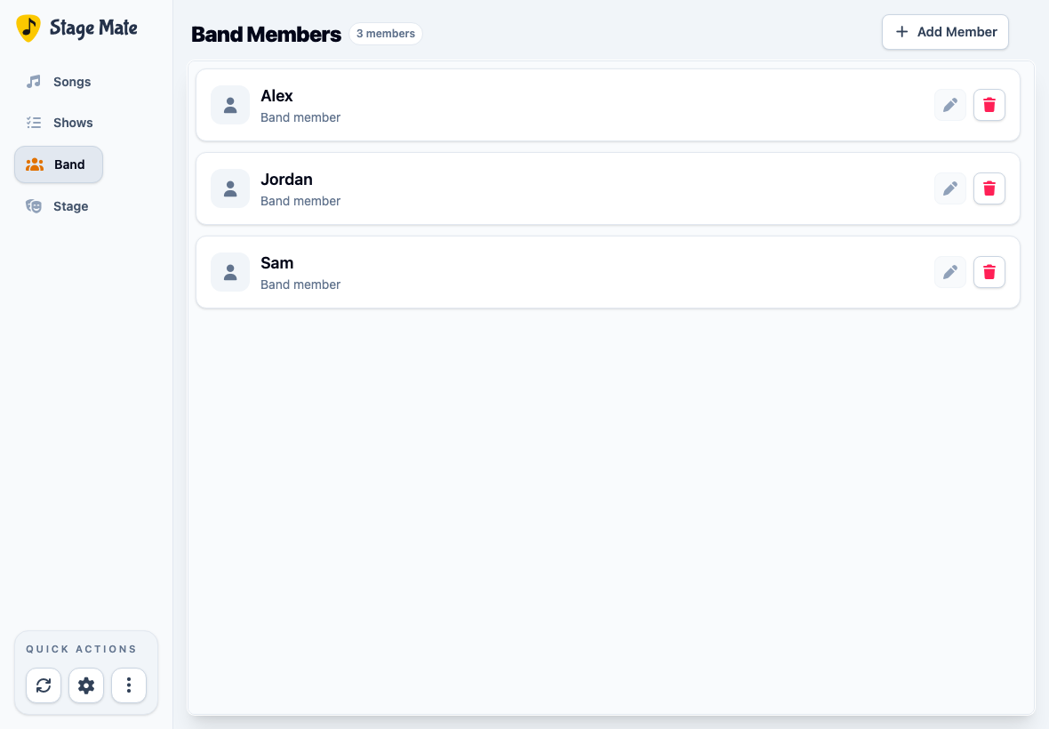Stage Mate Band Members page listing Alex, Jordan and Sam