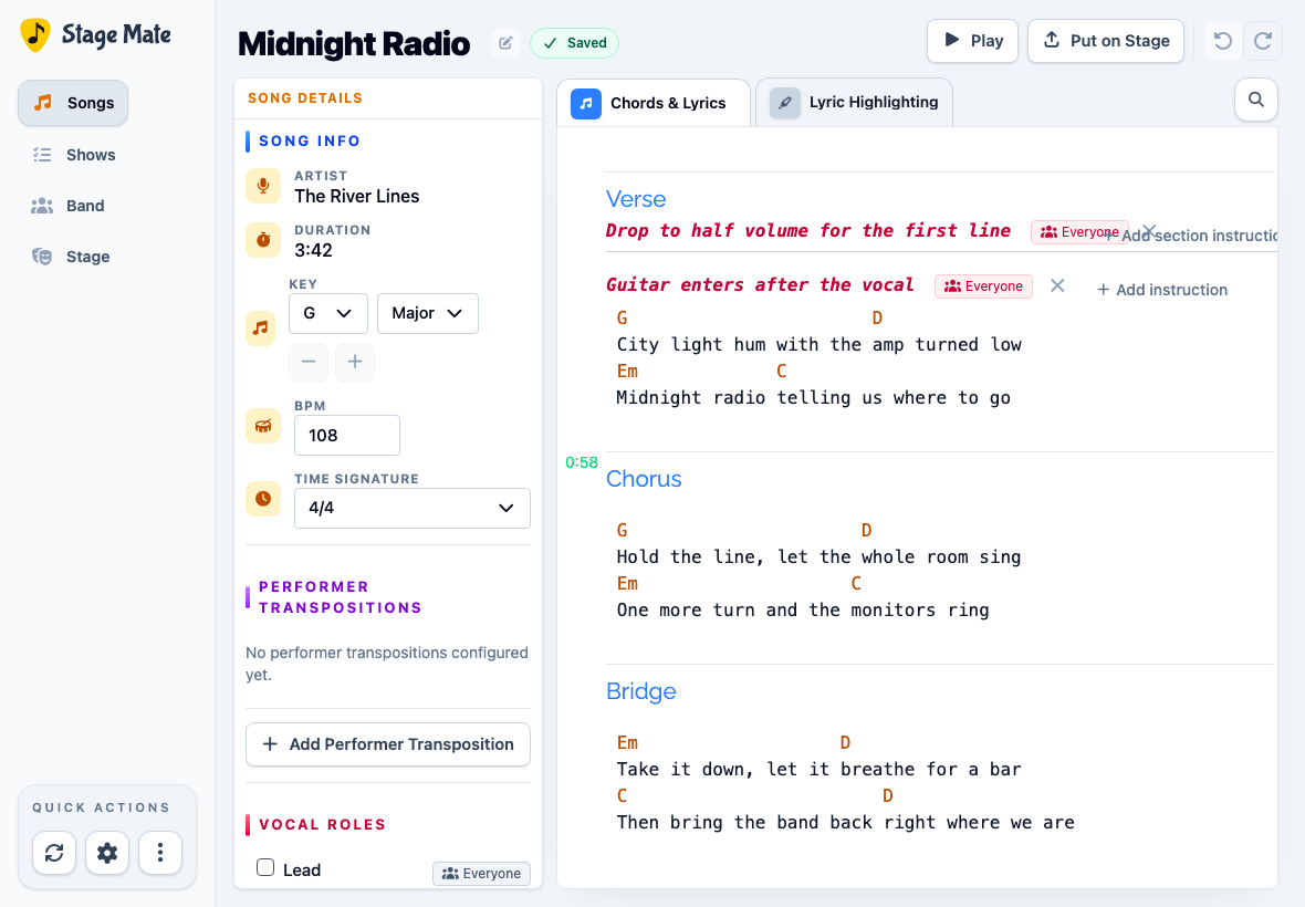 Stage Mate song editor with a section timestamp and a line instruction