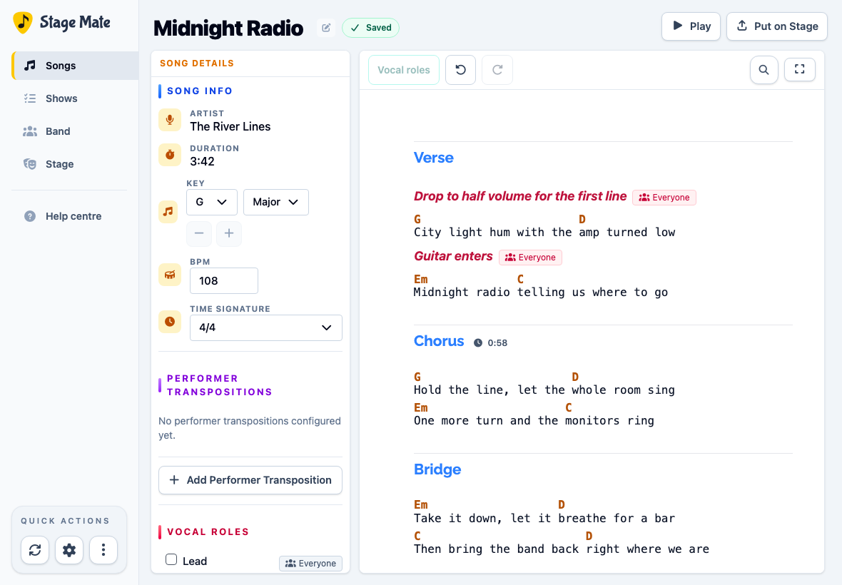 Song document with a standalone performer instruction between lyric lines