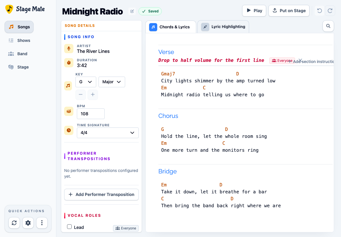 Stage Mate song editor with an updated chord and lyric in the first verse