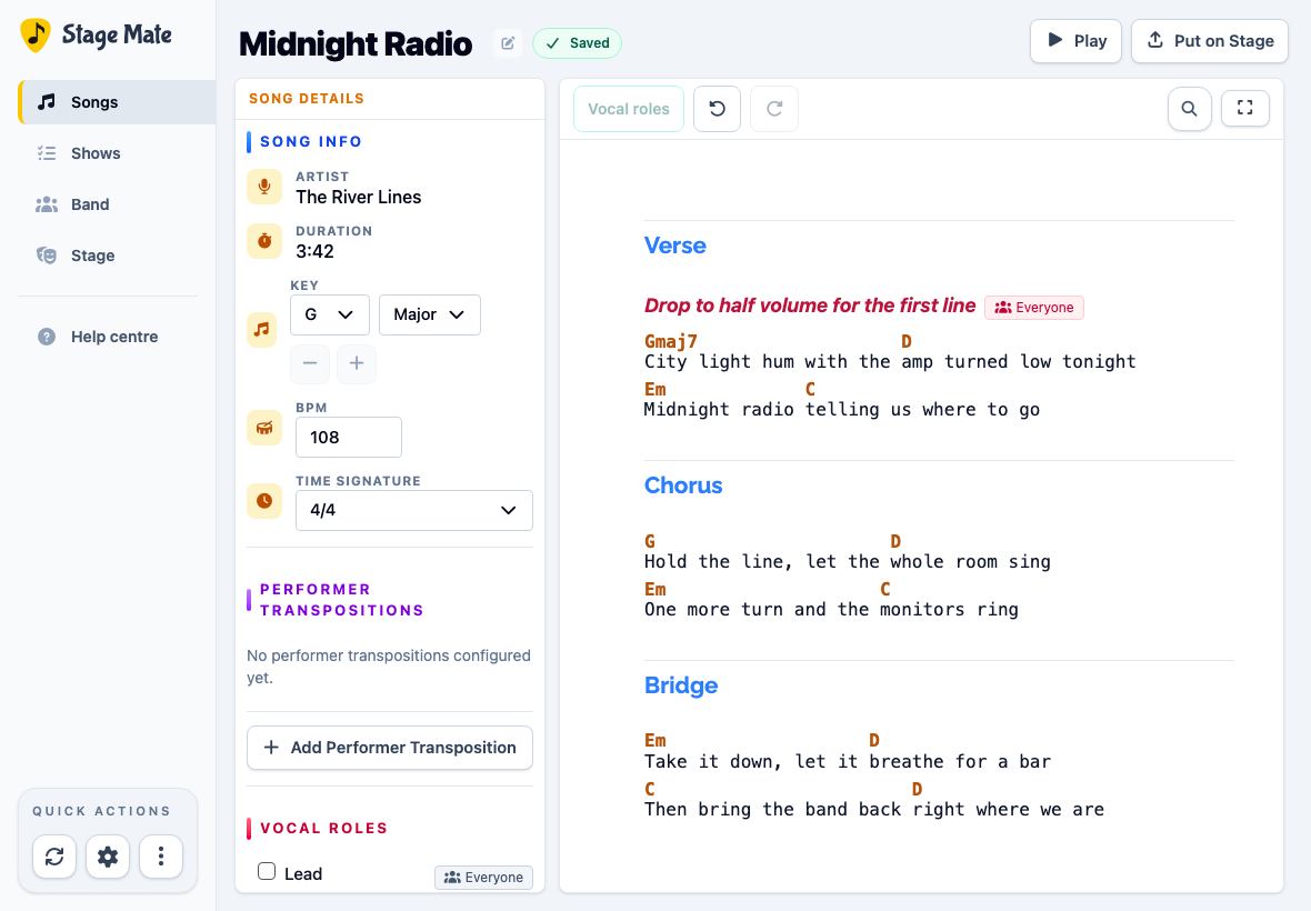 Stage Mate song editor with an updated chord and lyric in the first verse