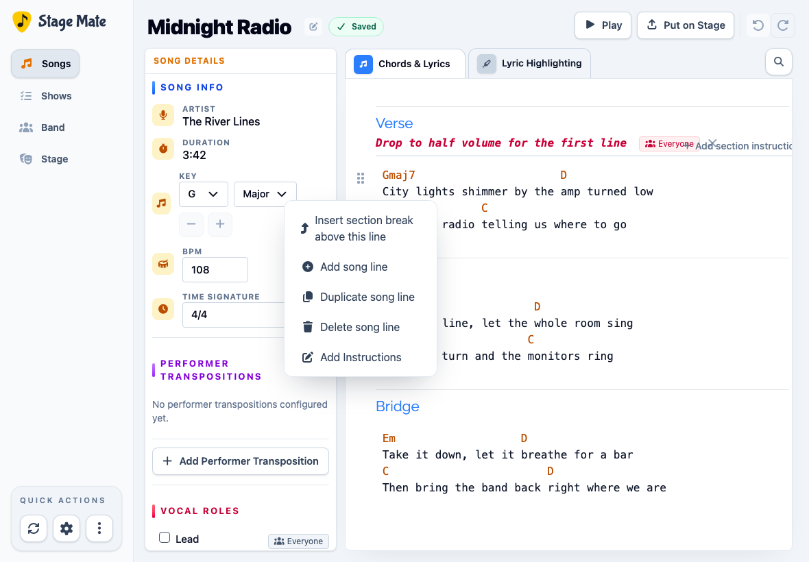 Song editor row menu with actions for adding, duplicating, deleting and splitting a song line