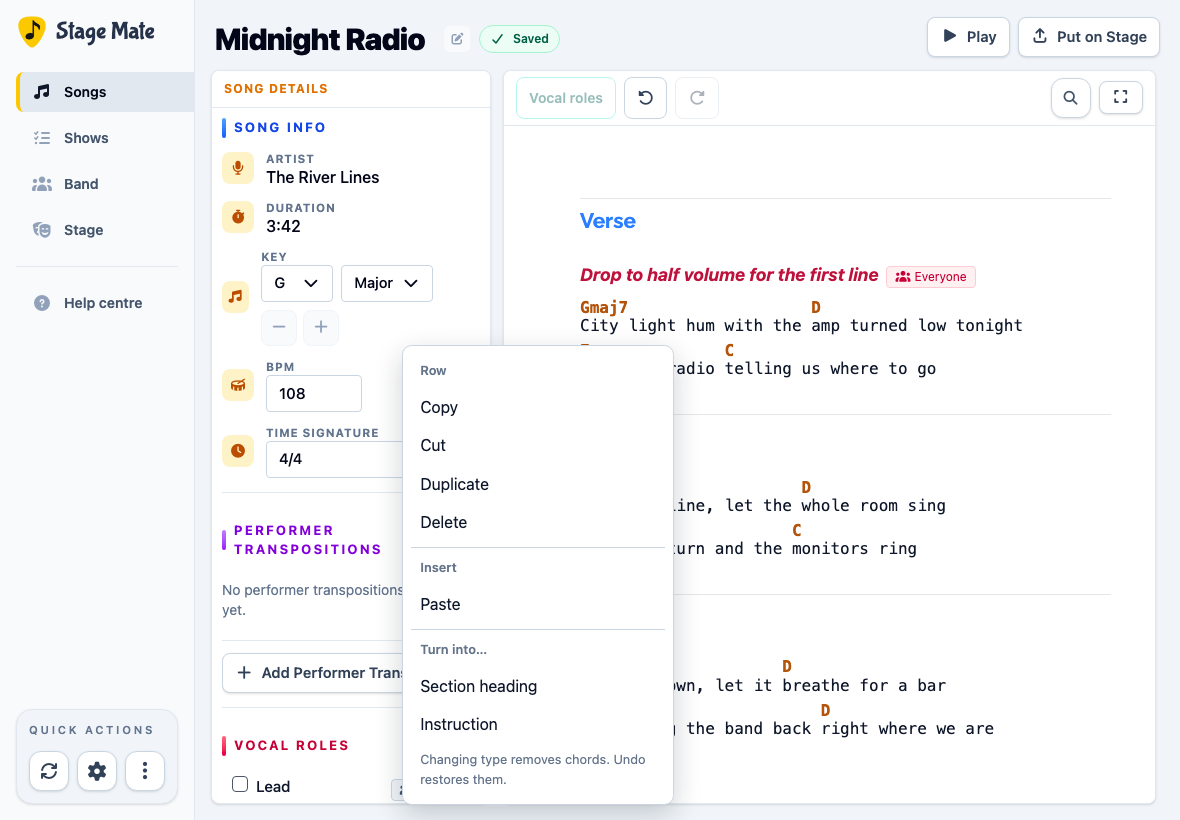 Song editor row menu showing Copy, Cut, Duplicate, Delete, Paste and Turn into block choices
