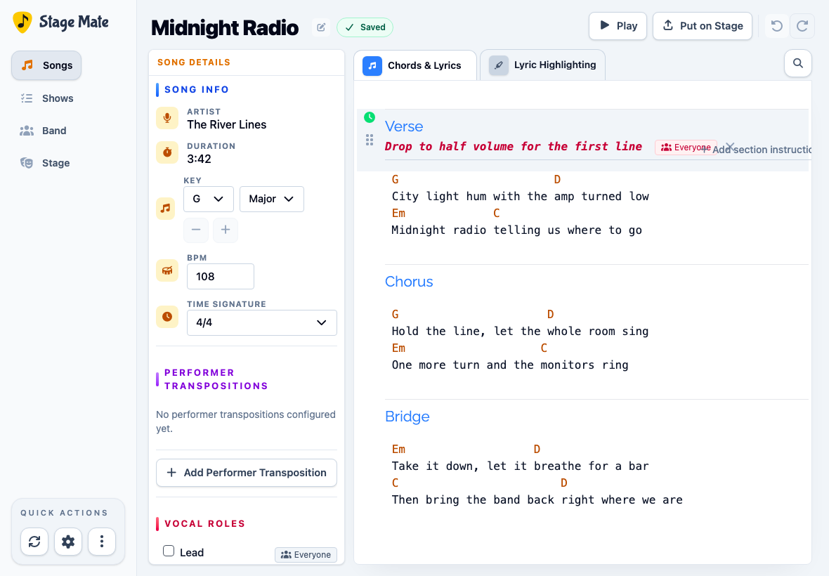 Stage Mate song editor showing Song Info beside the chords and lyrics workspace