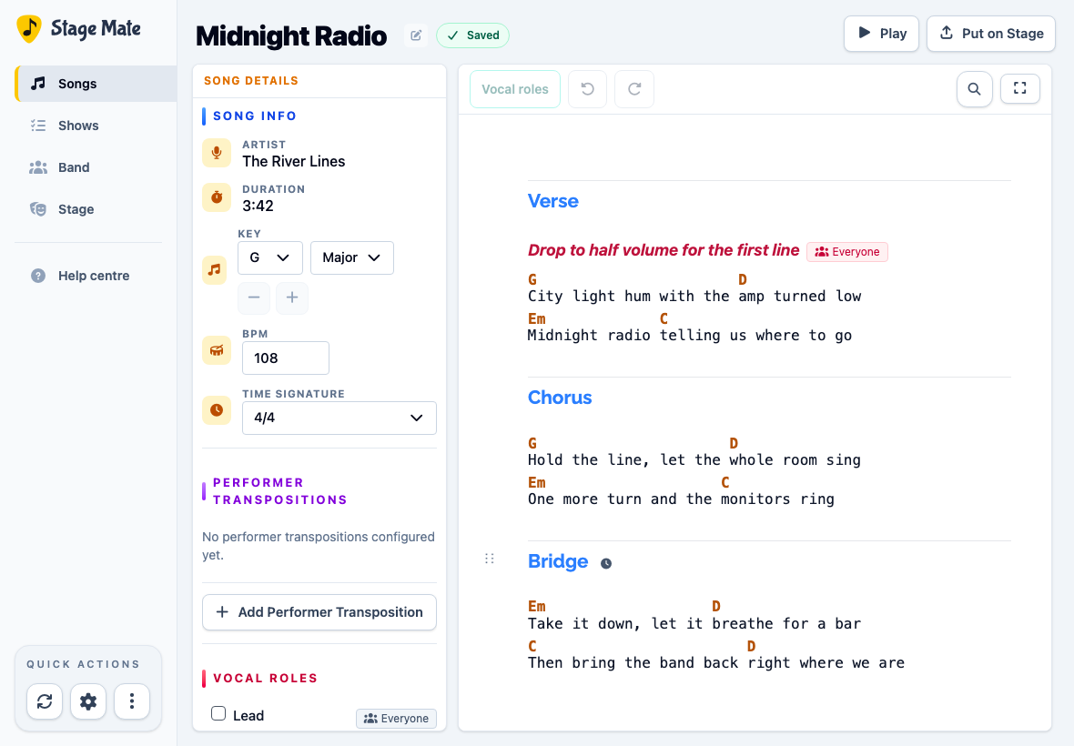 Integrated song editor showing section headings and chord lines beside Song Details