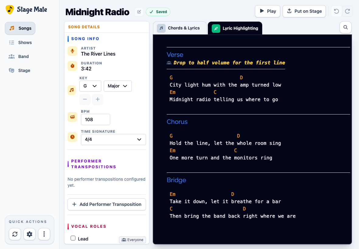 Stage Mate song editor in the dark Lyric Highlighting mode