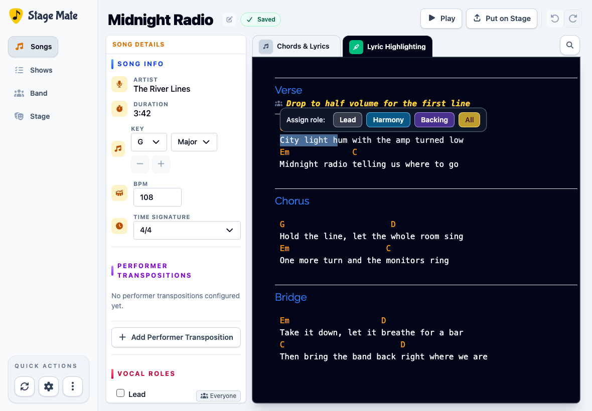 Lyric selection with a toolbar offering Lead, Harmony, Backing and All