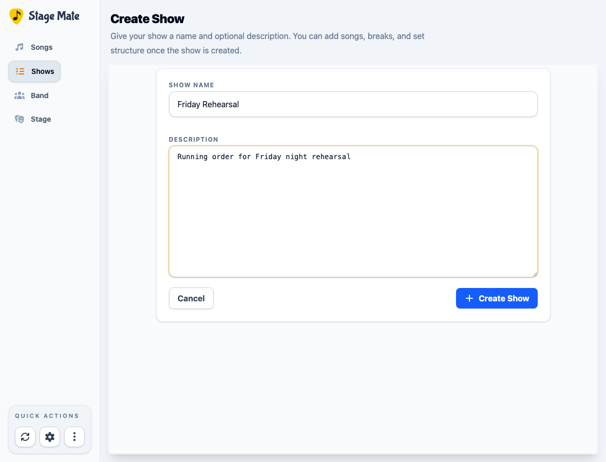 Create Show form filled with a show name and rehearsal description