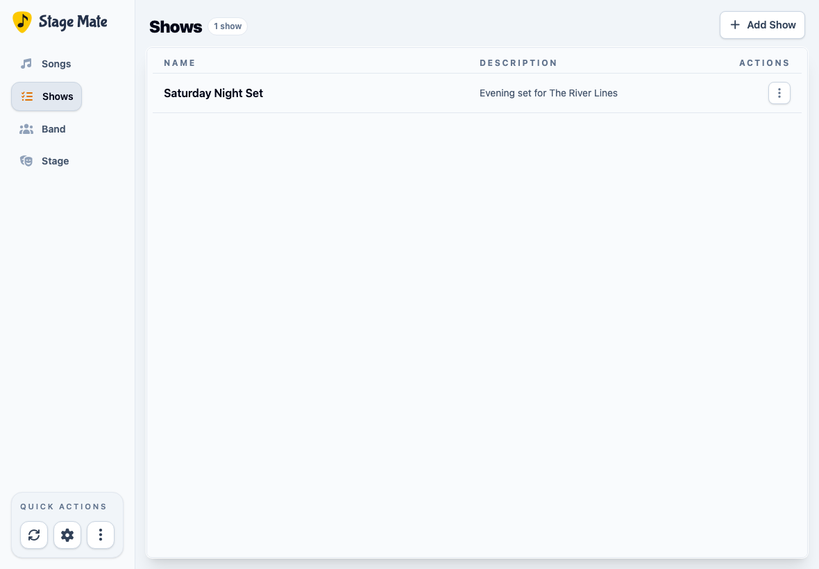 Stage Mate Shows page with an existing show and the Add Show control