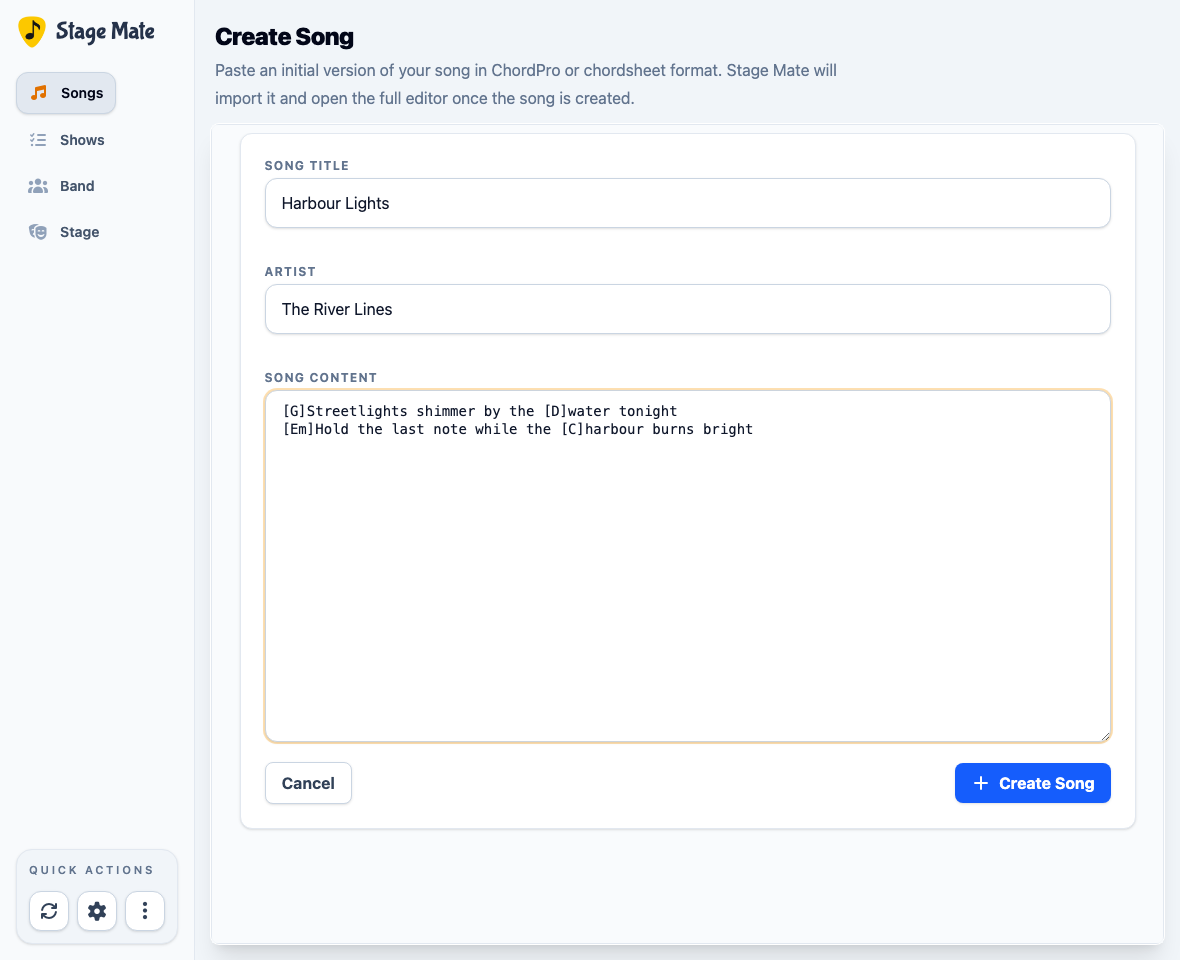 Create Song form filled with a title, artist and short ChordPro chart