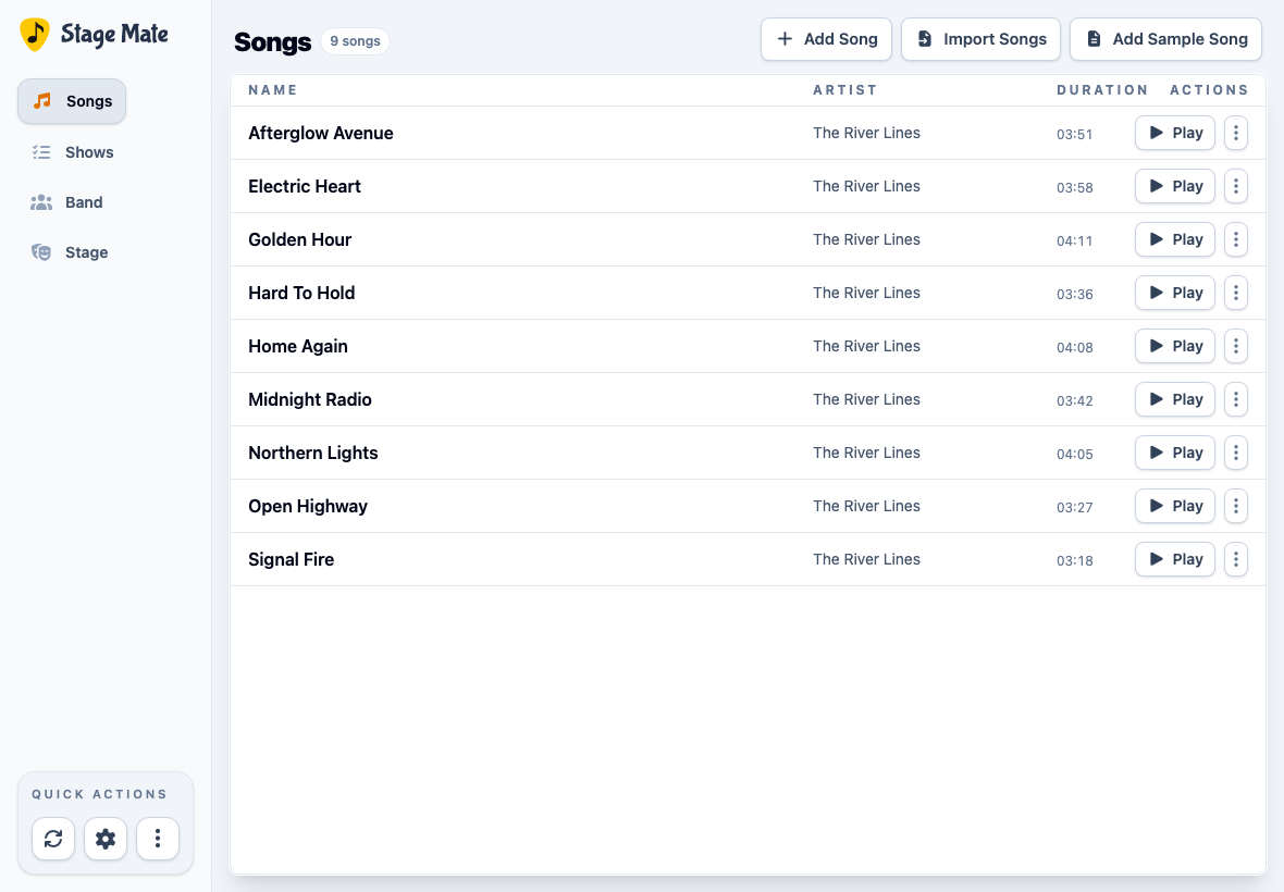 Stage Mate Songs page with Add Song, Import Songs and Add Sample Song controls