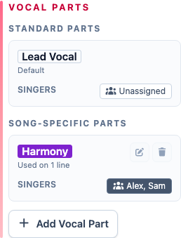Vocal Parts panel with Alex and Sam assigned to the Harmony part