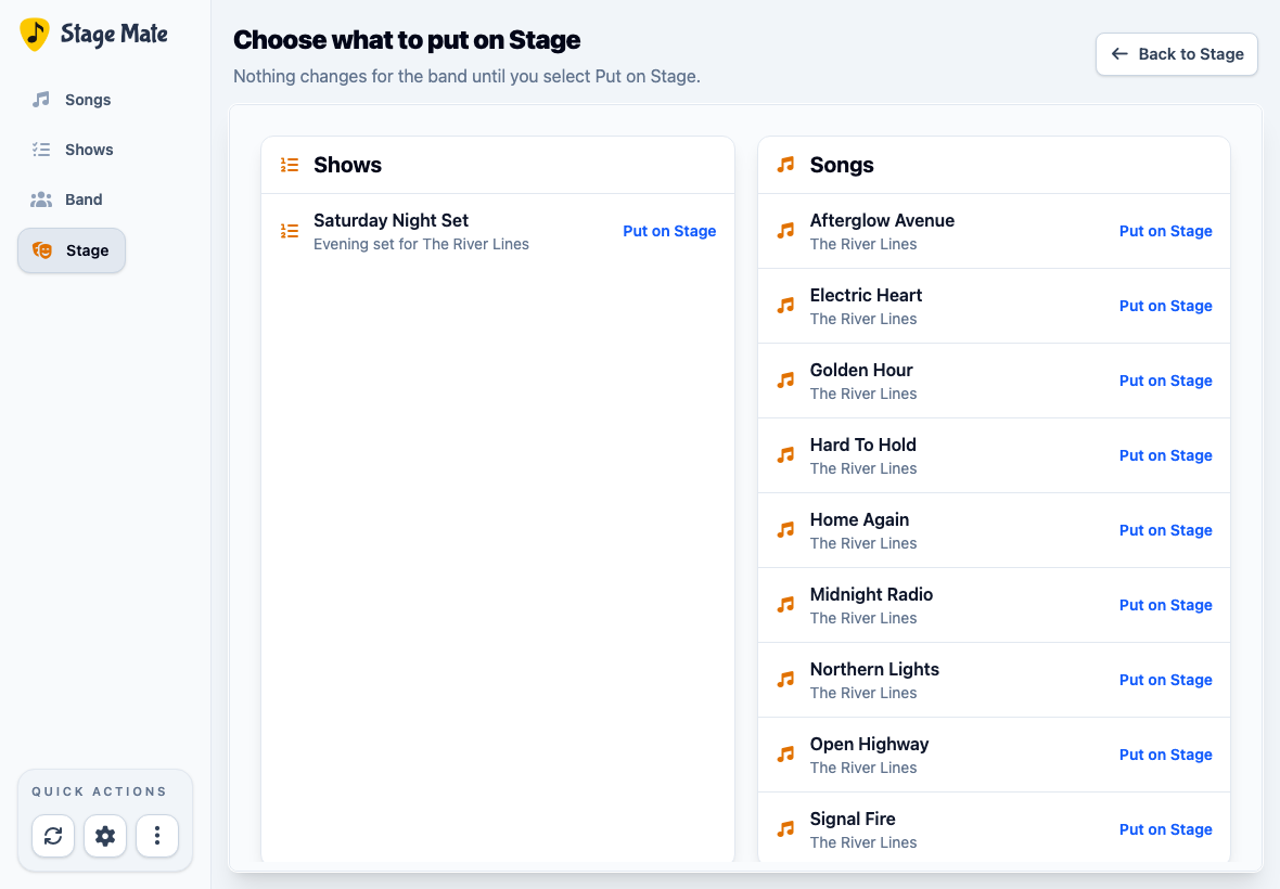 Stage chooser with shows and songs that can be put on Stage