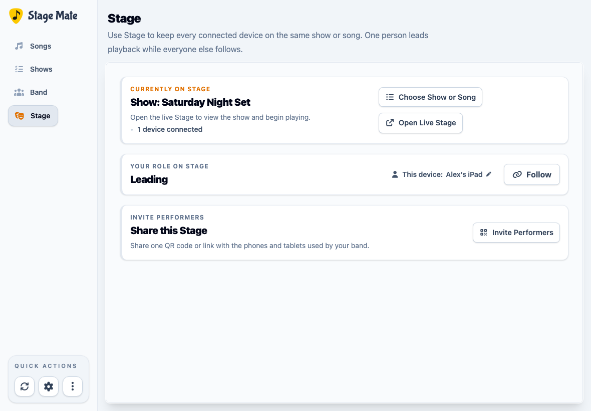 Stage home showing the current show, leading device and invitation controls