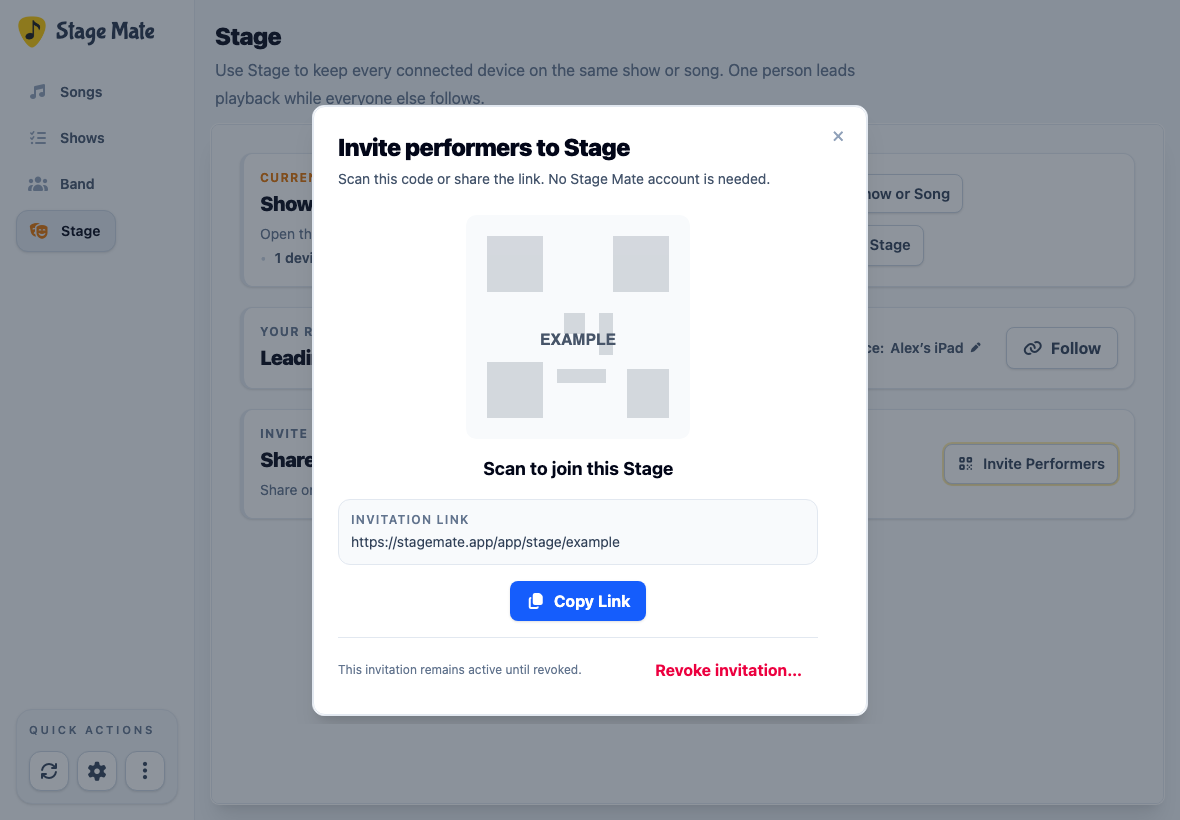 Stage invitation dialog with an example QR code and sharing controls