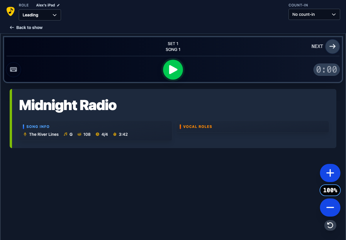 Live Stage leader displaying a song with playback and next-song controls